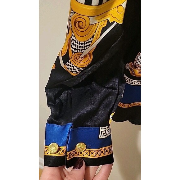 Vintage Creme De Silk Black/Gold Silk Button-Down Shirt Baroque Rotary Print L? - Picture 8 of 10